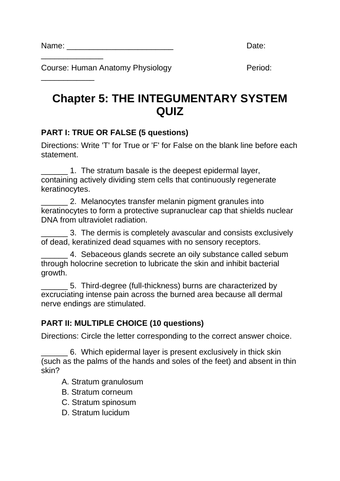 The Integumentary System Lesson Quiz sample page