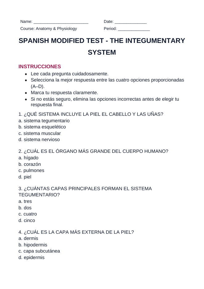 The Integumentary System Spanish Unit Test sample page