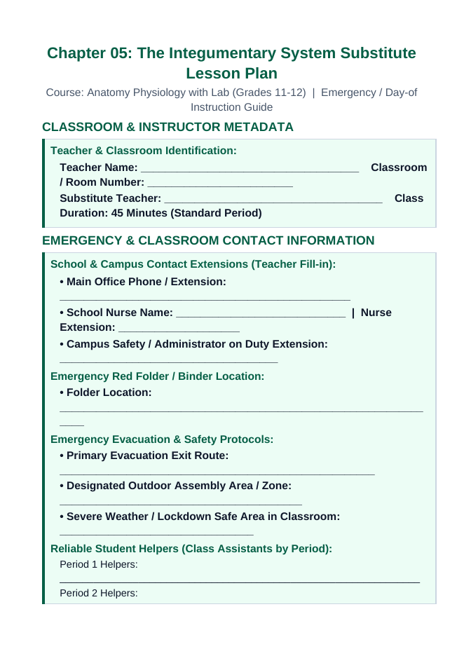 The Integumentary System Substitute Lesson Plan sample page
