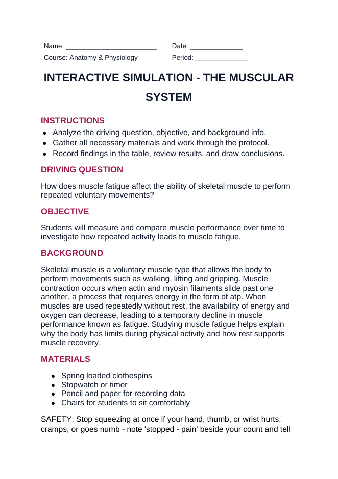 The Muscular System Interactive Simulation sample page