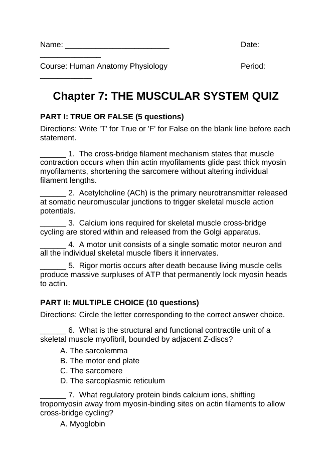The Muscular System Lesson Quiz sample page