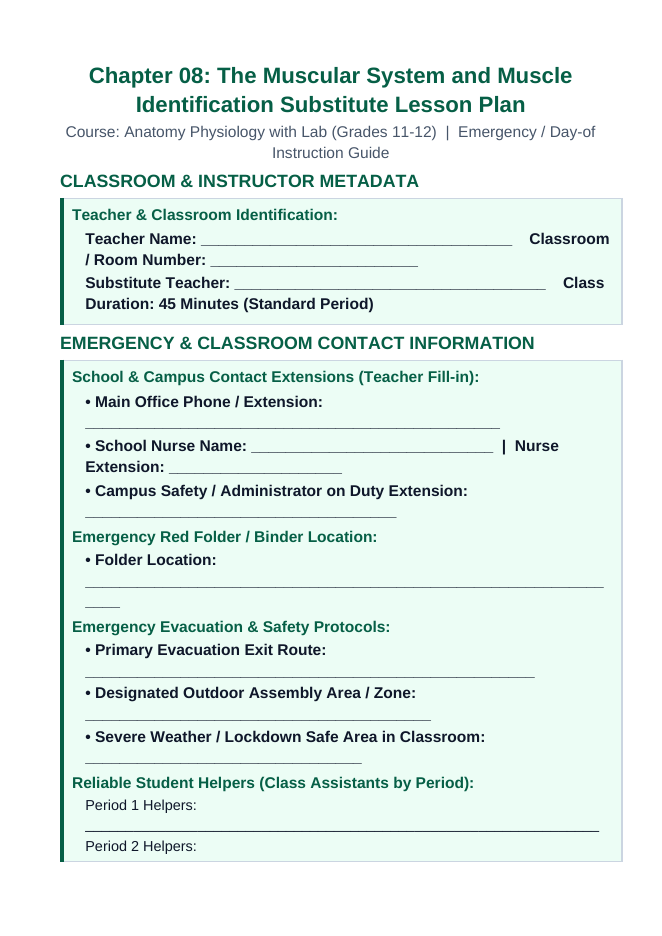 The Muscular System Substitute Lesson Plan sample page