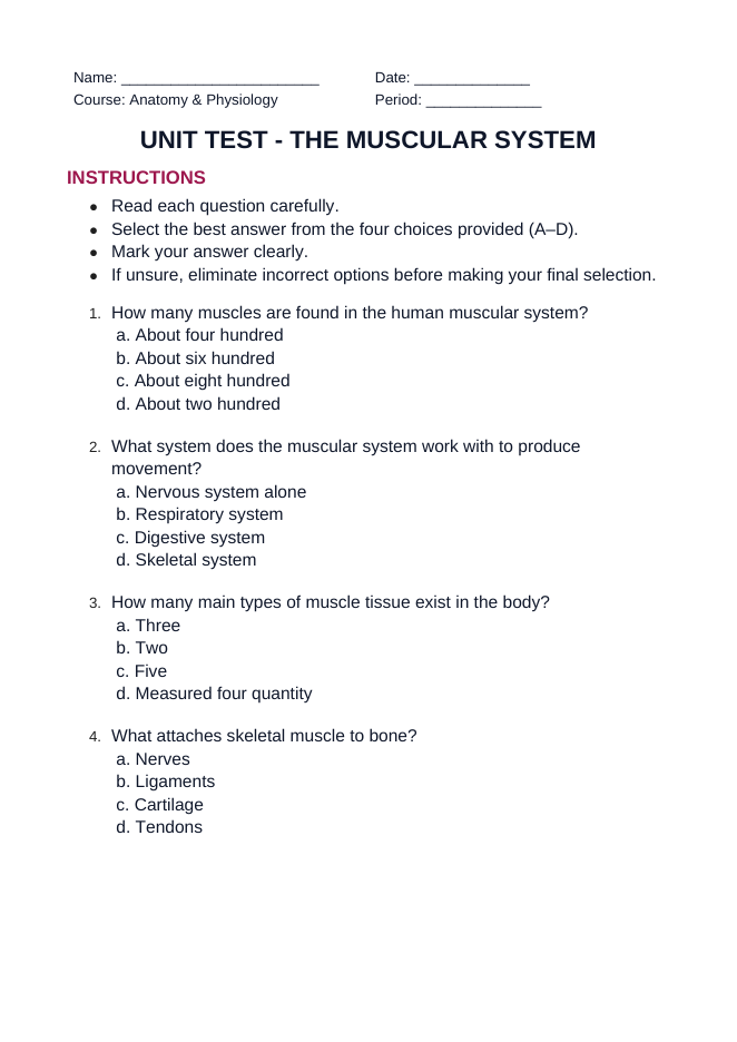 The Muscular System Unit Test sample page