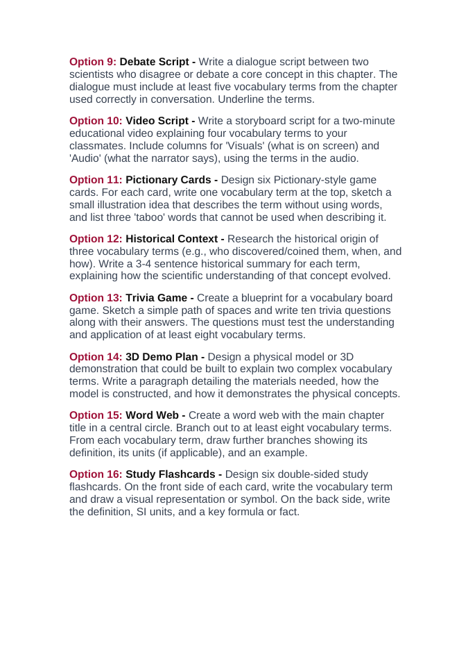The Muscular System Vocabulary Choice Board sample page