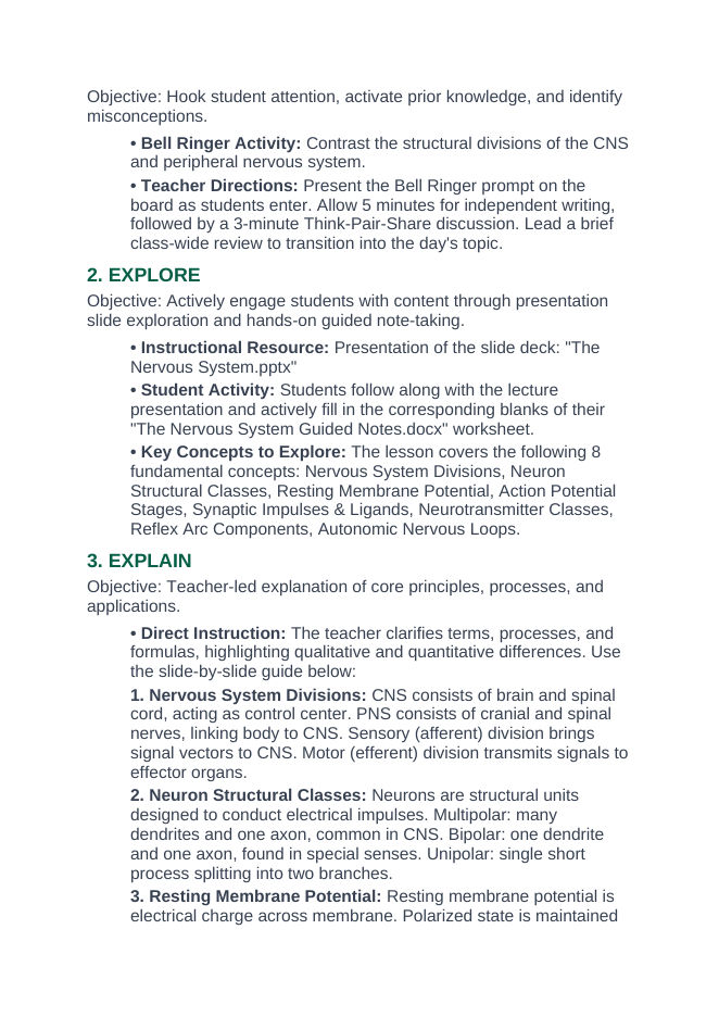 The Nervous System 5E Lesson Plan sample page