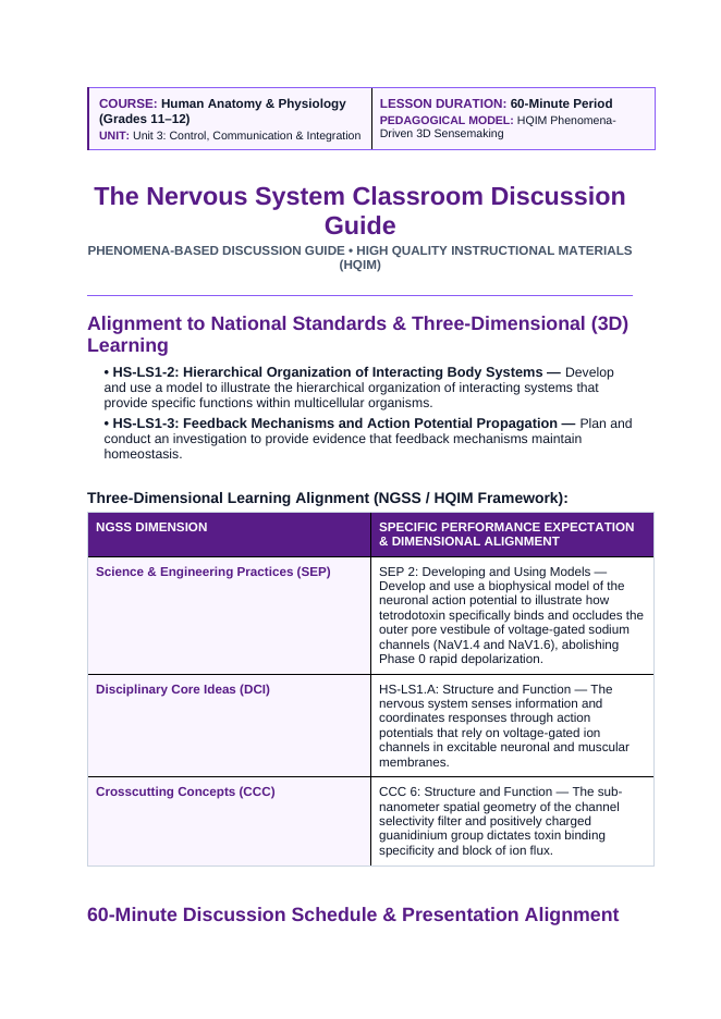 The Nervous System Phenomena-Based Lesson: The Pufferfish Paradox: Paralyzed Alive While the Conscious Mind Watches Teacher Discussion Guide sample page