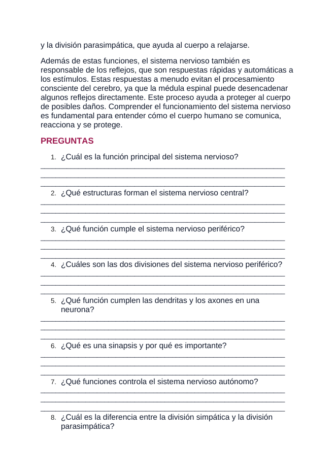 The Nervous System Spanish Reading Passage & Comprehension Questions sample page