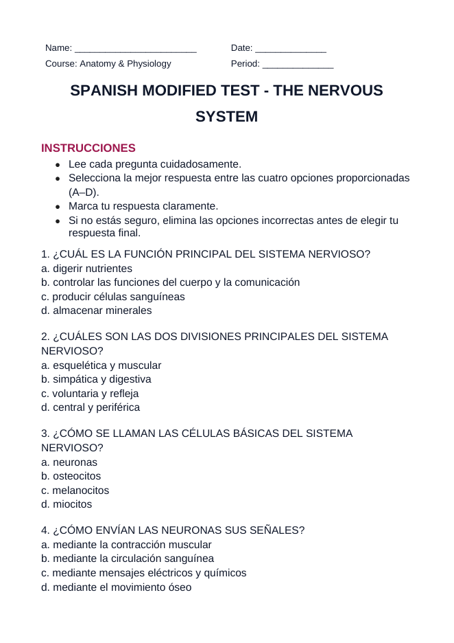 The Nervous System Spanish Unit Test sample page
