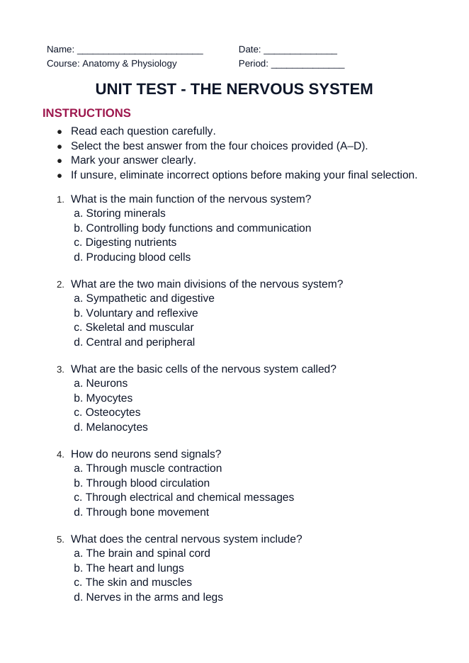 The Nervous System Unit Test sample page