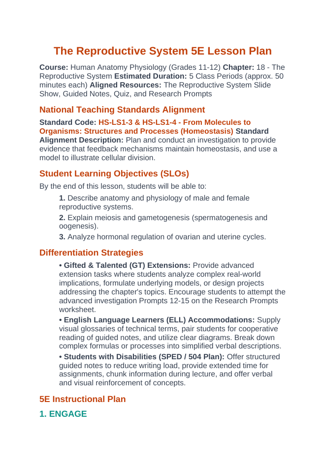 The Reproductive System 5E Lesson Plan sample page