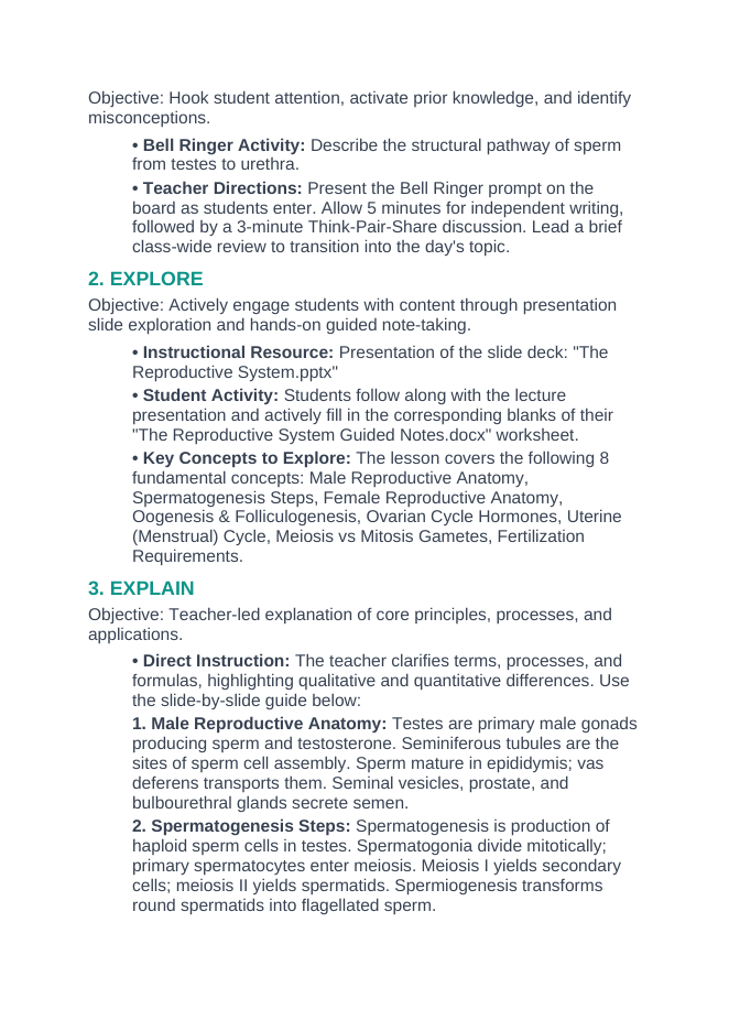 The Reproductive System 5E Lesson Plan sample page