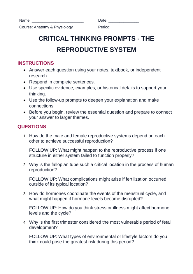 The Reproductive System Critical Thinking Prompts sample page