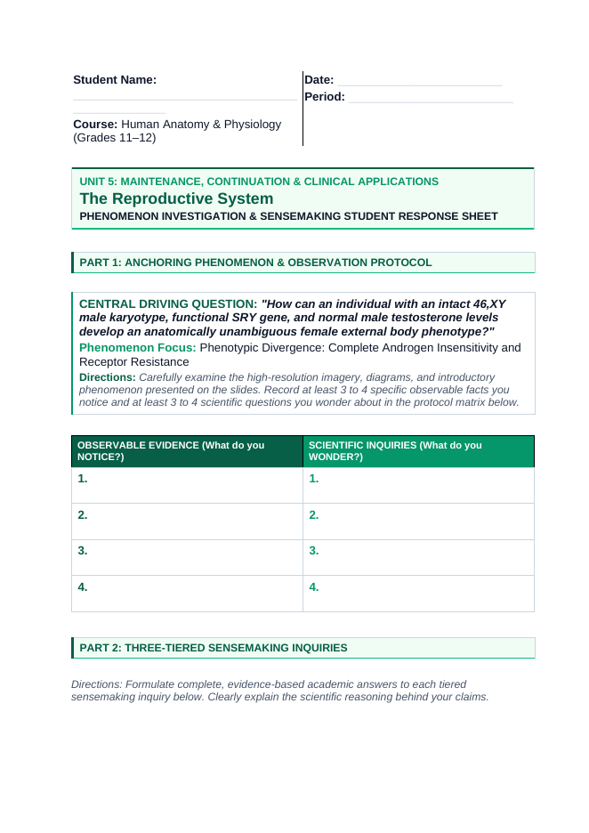 The Reproductive System Phenomena-Based Lesson: Phenotypic Divergence: Complete Androgen Insensitivity and Receptor Resistance Student Response Sheet sample page