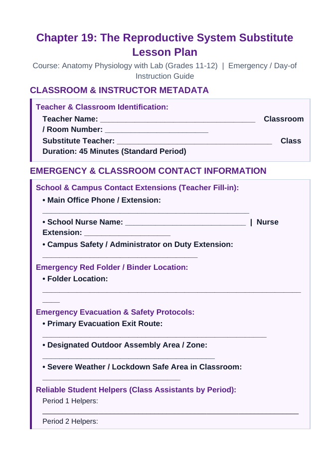 The Reproductive System Substitute Lesson Plan sample page