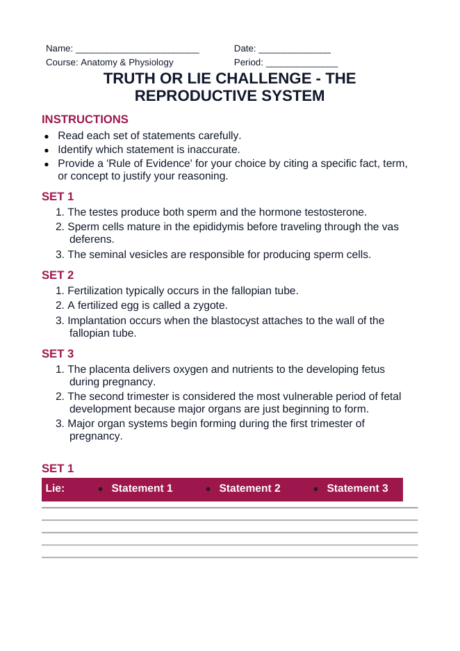 The Reproductive System Truth or Lie Challenge sample page