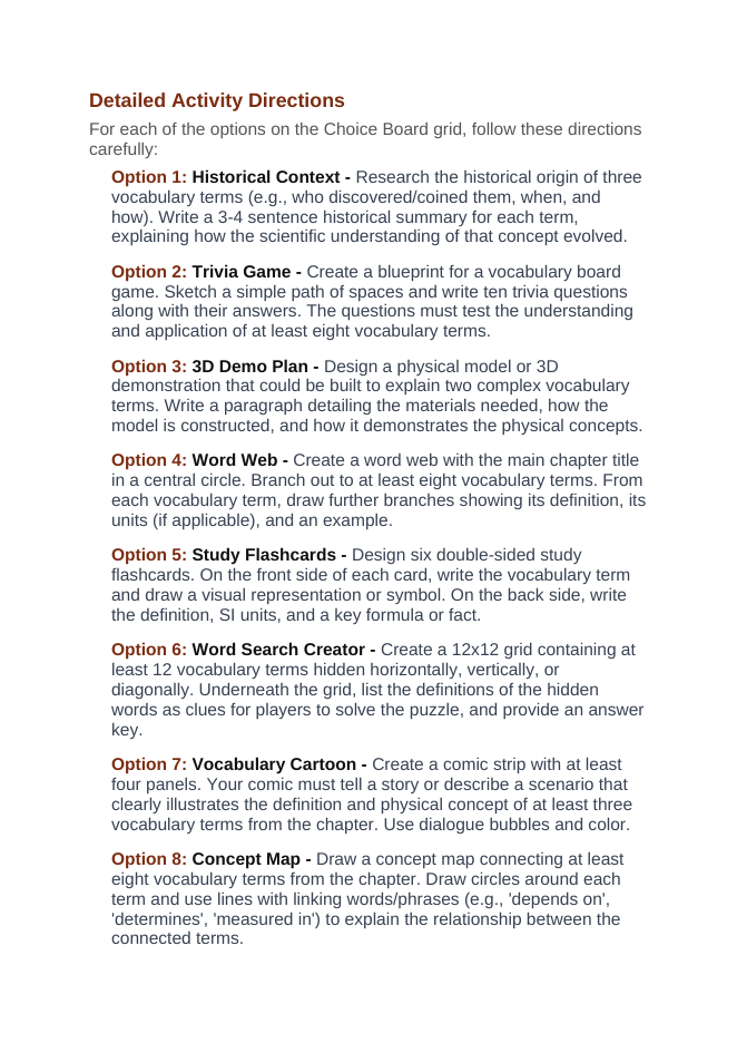 The Reproductive System Vocabulary Choice Board sample page