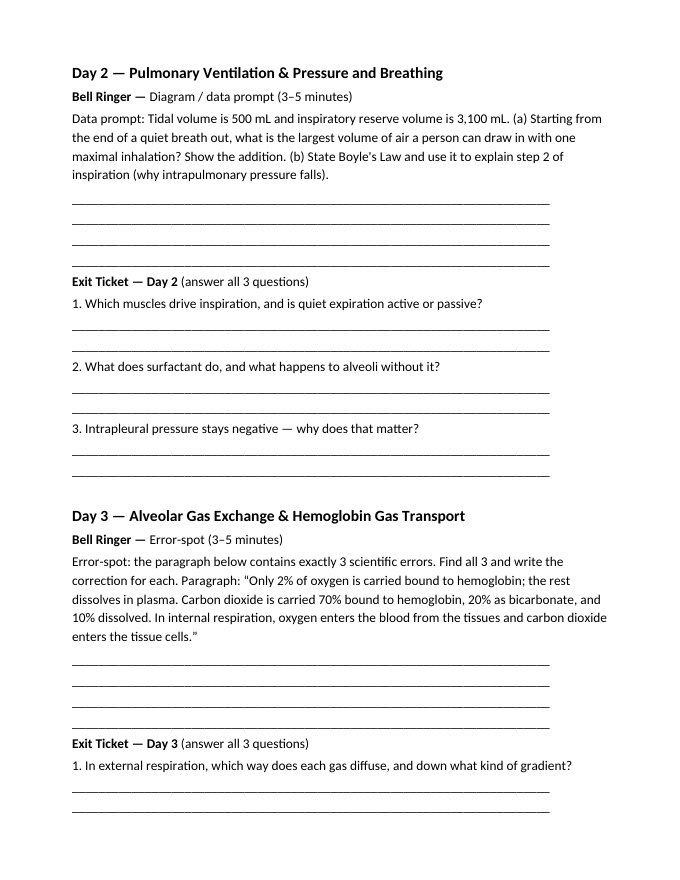 The Respiratory System Bell Ringers & Exit Tickets sample page