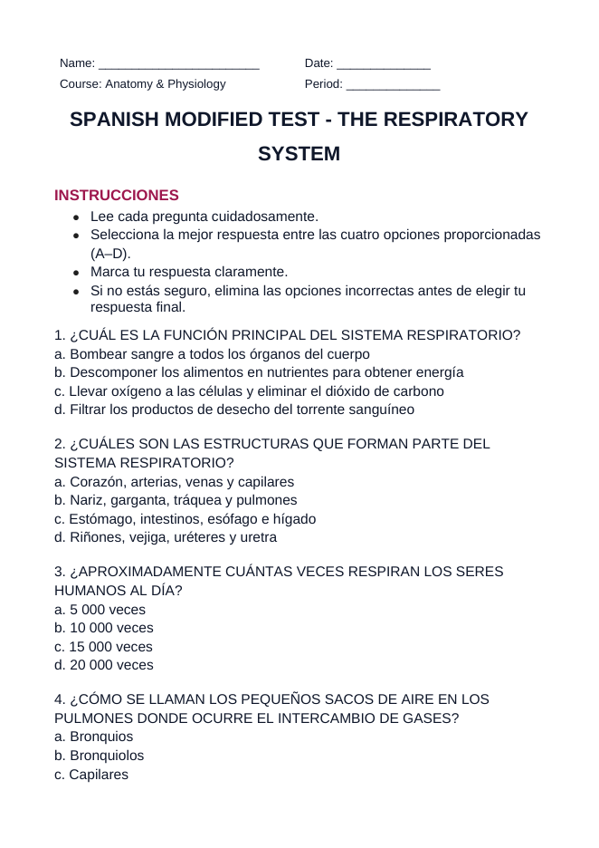 The Respiratory System Spanish Unit Test sample page