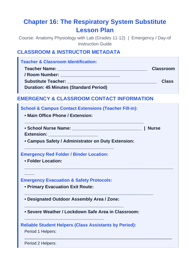 The Respiratory System Substitute Lesson Plan sample page