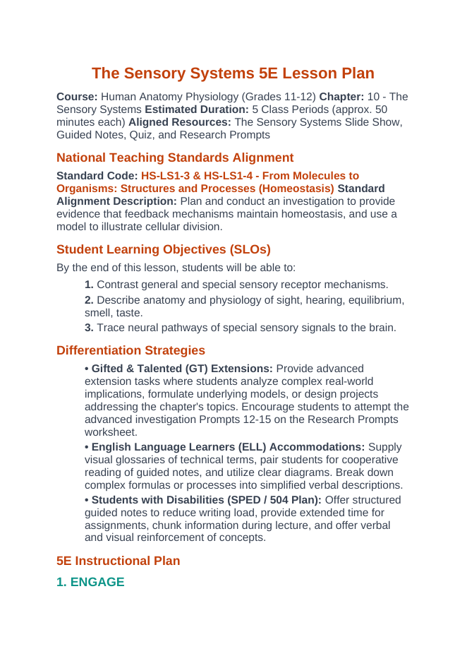 The Sensory Systems 5E Lesson Plan sample page