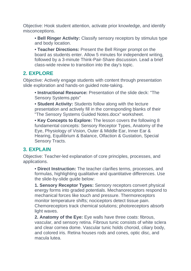 The Sensory Systems 5E Lesson Plan sample page