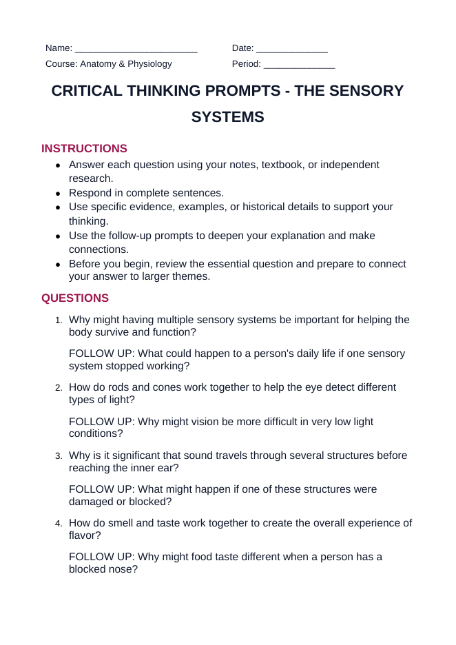 The Sensory Systems Critical Thinking Prompts sample page