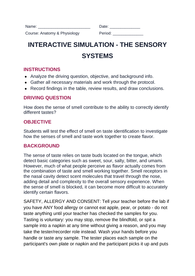The Sensory Systems Interactive Simulation sample page