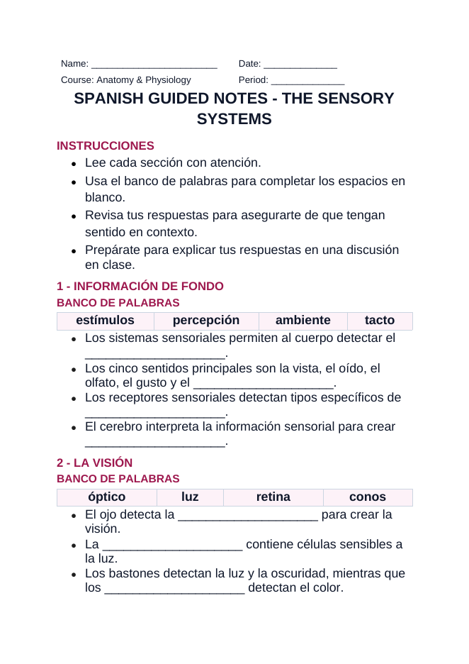 The Sensory Systems Spanish Guided Notes sample page