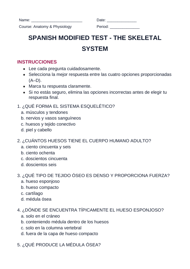 The Skeletal System Spanish Unit Test sample page