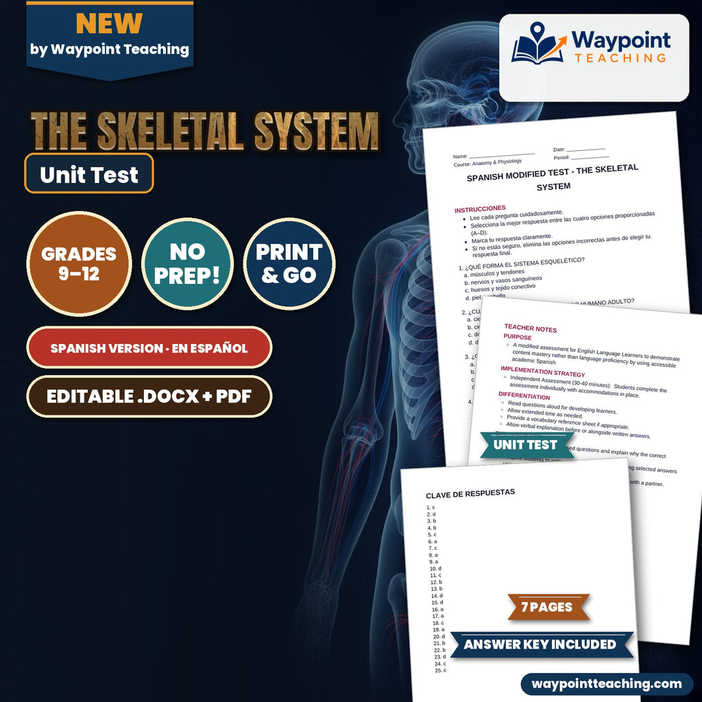 The Skeletal System Spanish Unit Test cover