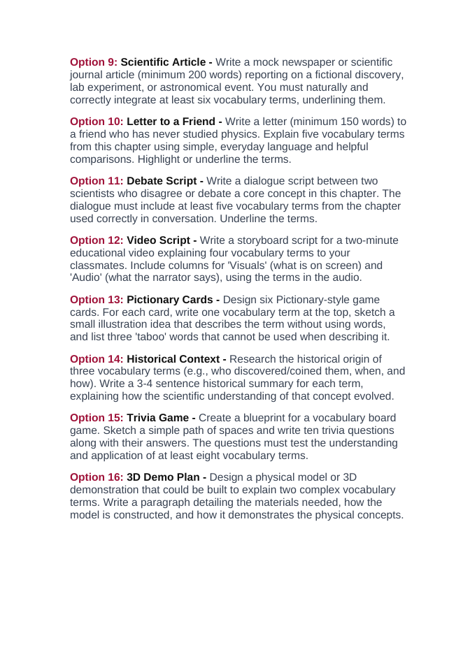 The Skeletal System Vocabulary Choice Board sample page
