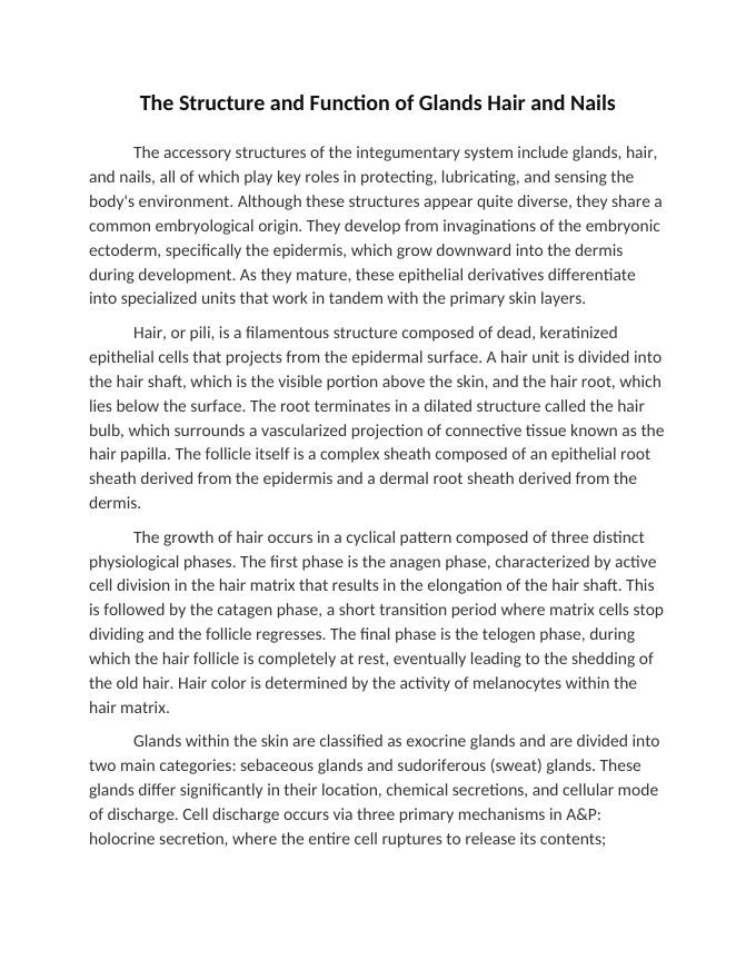 The Structure and Function of Glands Hair and Nails Reading Worksheet sample page