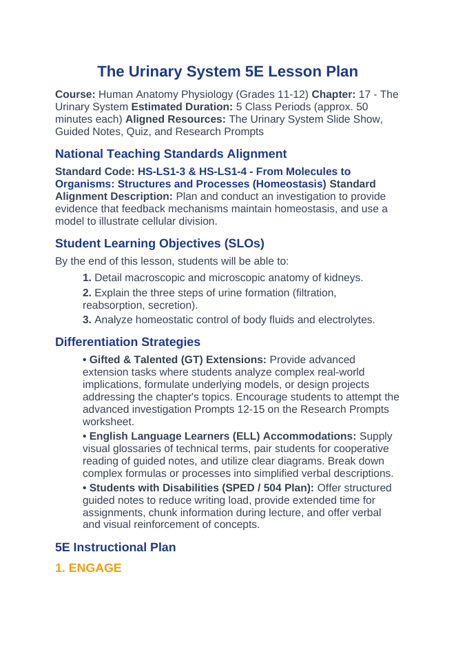 The Urinary System 5E Lesson Plan sample page