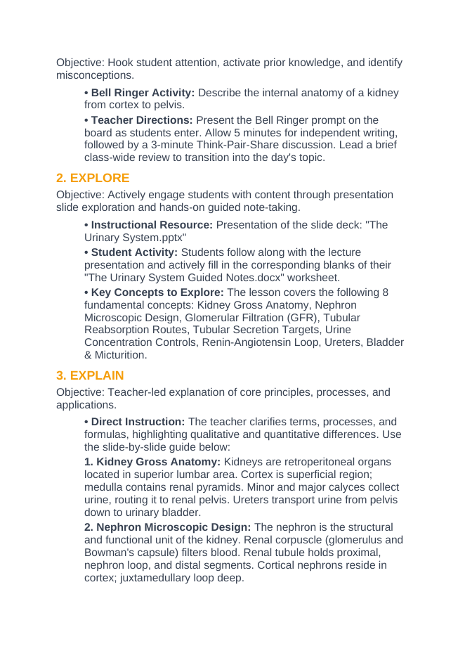 The Urinary System 5E Lesson Plan sample page