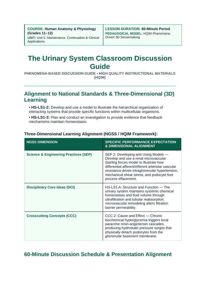 The Urinary System Phenomena-Based Lesson: Glomerular Breakdown: Diabetic Hyperfiltration and Podocyte Slit Effacement Teacher Discussion Guide sample page