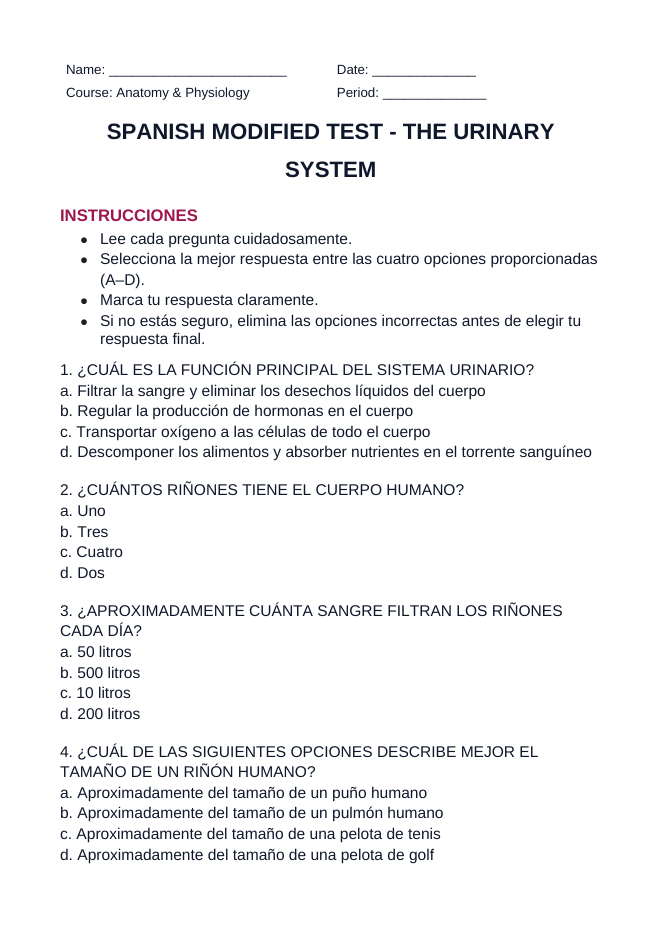 The Urinary System Spanish Unit Test sample page