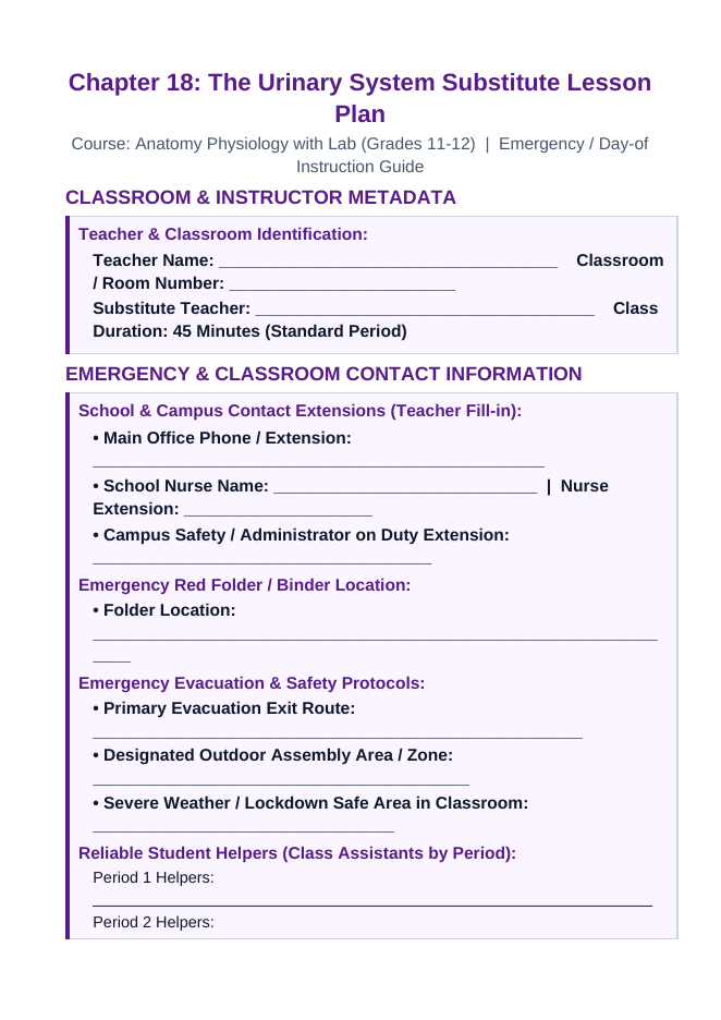 The Urinary System Substitute Lesson Plan sample page