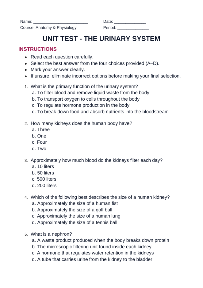 The Urinary System Unit Test sample page