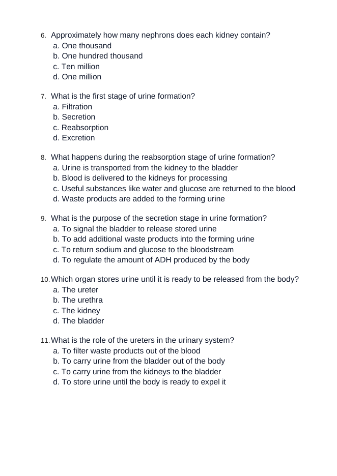 The Urinary System Unit Test sample page