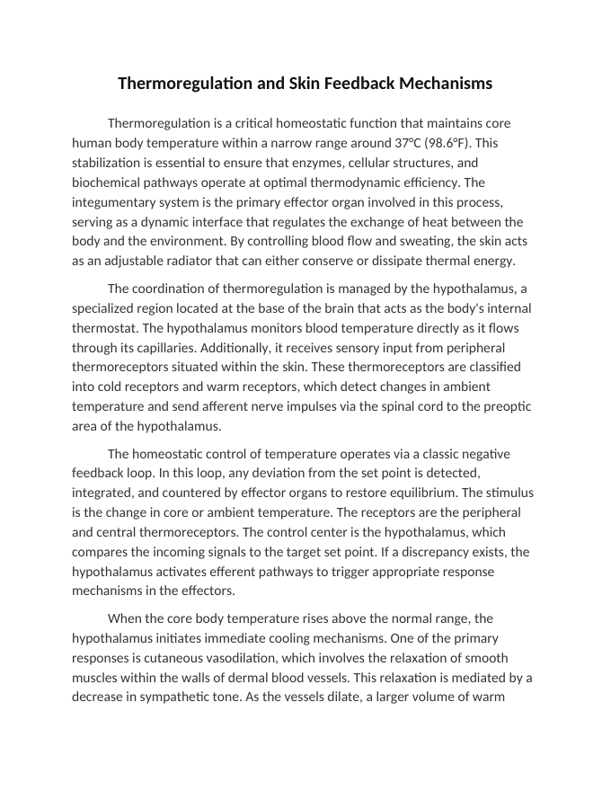 Thermoregulation and Skin Feedback Mechanisms Reading Worksheet sample page