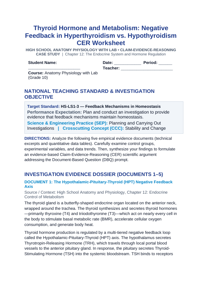 Thyroid Hormone and Metabolism: Negative Feedback in Hyperthyroidism vs. Hypothyroidism CER Phenomena Worksheet sample page