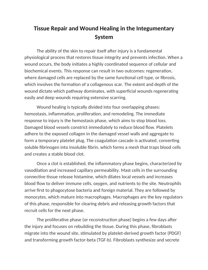 Tissue Repair and Wound Healing in the Integumentary System Reading Worksheet sample page