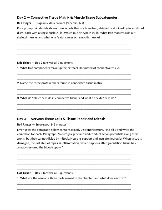 Tissues: Types, Structure, & Function Bell Ringers & Exit Tickets sample page