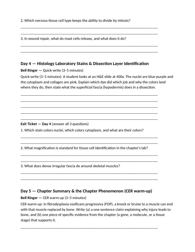 Tissues: Types, Structure, & Function Bell Ringers & Exit Tickets sample page