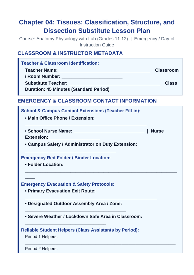 Tissues: Types, Structure, & Function Substitute Lesson Plan sample page