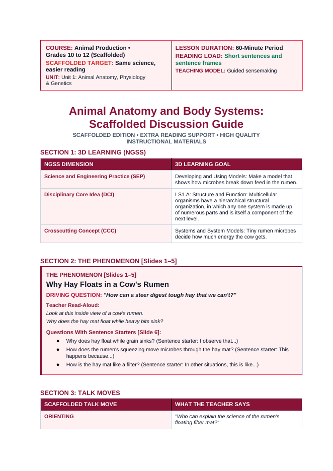 Animal Anatomy & Body Systems Scaffolded Phenomena-Based Lesson: Why Hay Floats in a Cow's Rumen Teacher Discussion Guide sample page