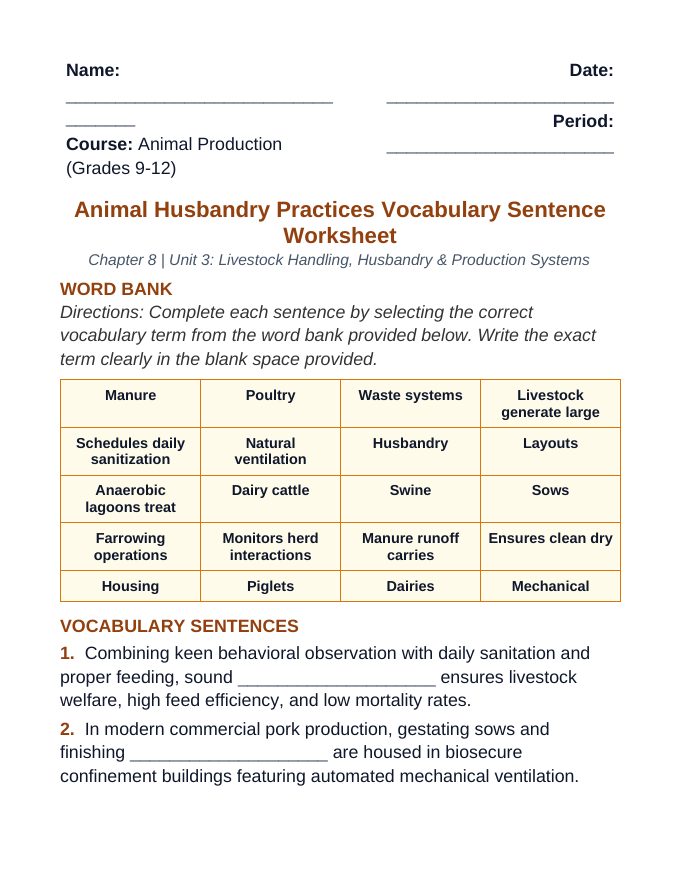 Animal Husbandry Practices Fill-in-the-Blank Vocabulary Worksheet sample page