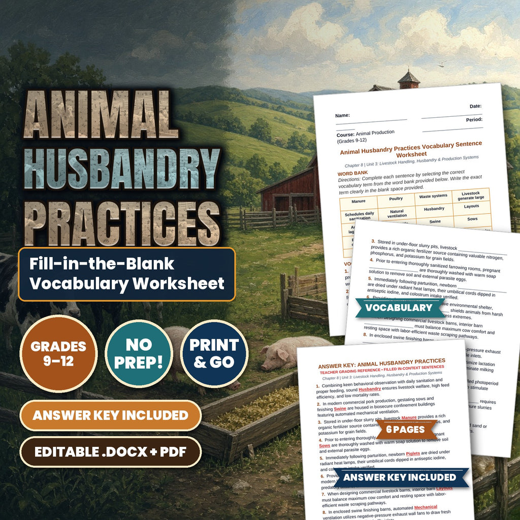 Animal Husbandry Practices Fill-in-the-Blank Vocabulary Worksheet cover
