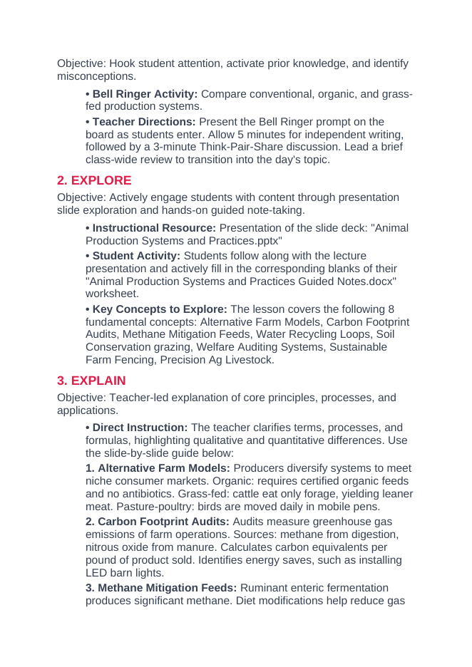 Animal Production Systems & Practices 5E Lesson Plan sample page