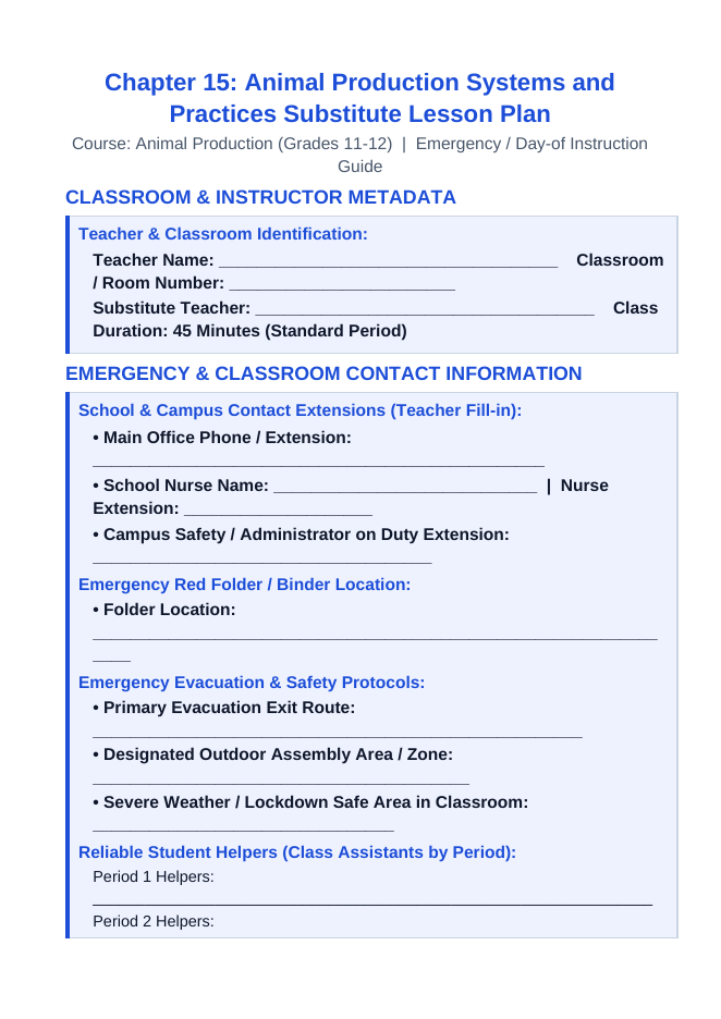 Animal Production Systems & Practices Substitute Lesson Plan sample page